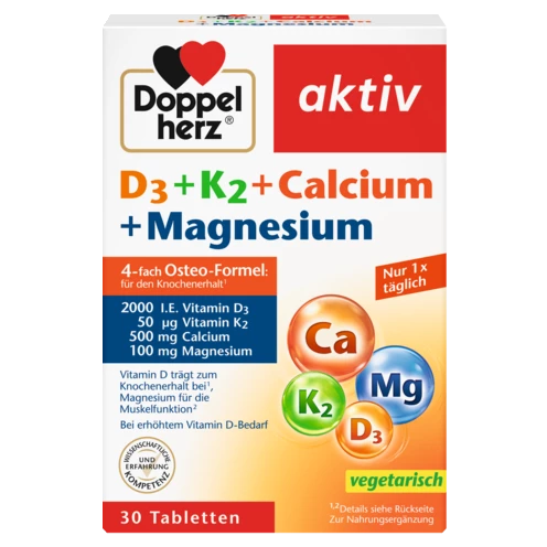 Abbildung der Produktverpackung Doppelherz aktiv D3 + K2 + Calcium + Magnesium Frontansicht